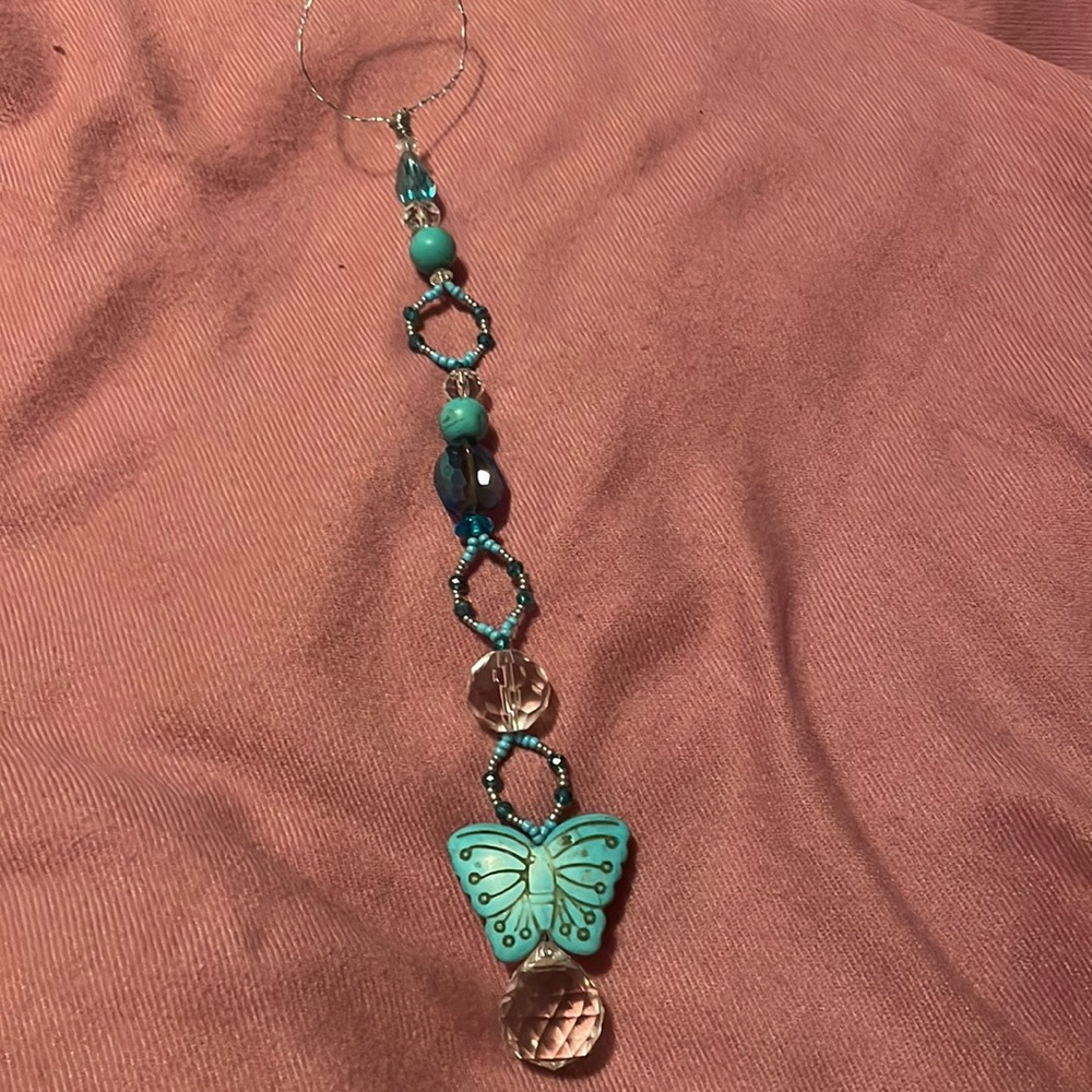Original Handmade Blue Butterfly Prism Sun Catcher w New & Upcycled Beads